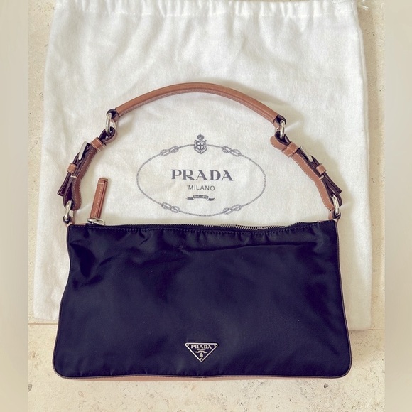 Vintage Prada Navy nylon shoulder bag with tan leather buckle strap - Picture 1 of 15